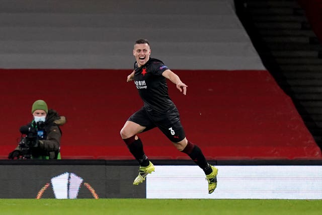 Tomas Holes celebrates equalising for Slavia Prague