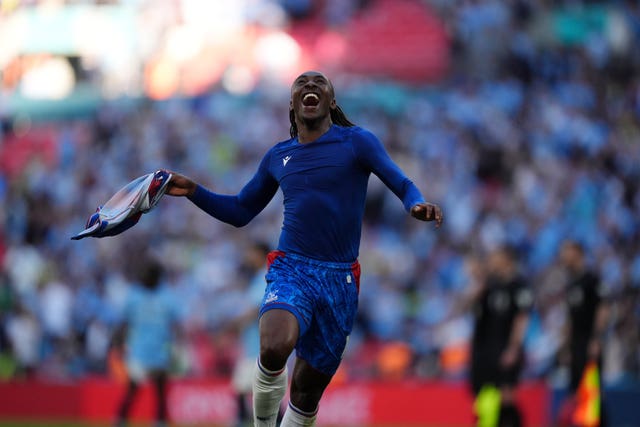 Crystal Palace’s Eberechi Eze celebrates after the Emirates FA Cup final at Wembley