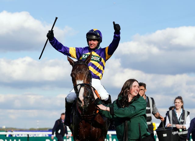Derek Fox celebrates winning last year's Grand National on Corach Rambler