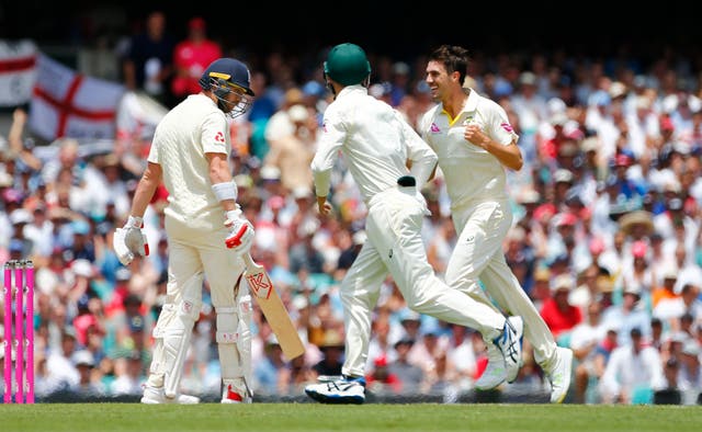 Australia’s Pat Cummins celebrates the wicket of England’s Mark Stoneman during day one of the Ashes Test match at Sydney Cricket Ground (Jason O'Brien/PA)