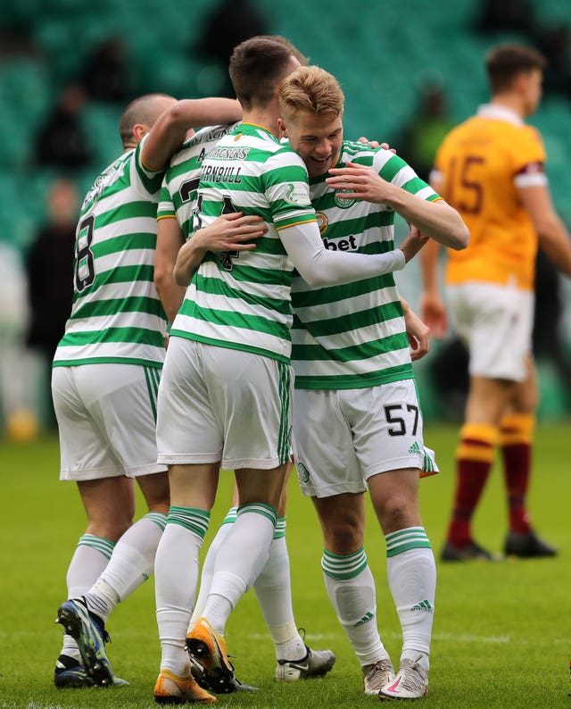 Celtic's Stephen Welsh (right) celebrates scoring his first goal for the club 