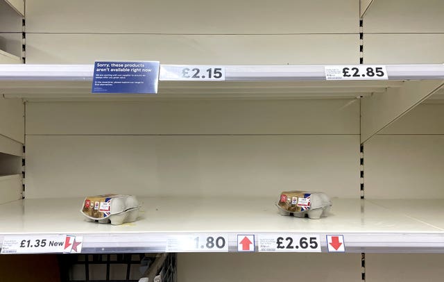 Demand for eggs is up as consumers seek out cheaper sources of protein to offset soaring food bills (Gareth Fuller/PA)