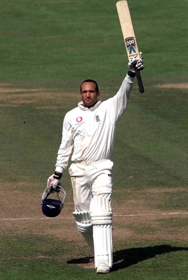 Mark Butcher celebrates his match-winning century