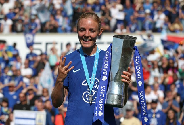 Chelsea’s Sophie Ingle celebrates with the league trophy after the Barclays Women’s Super League match at the Select Car Leasing Stadium, Reading.