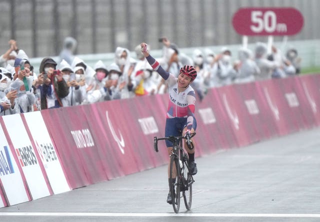 Great Britain’s Dame Sarah Storey celebrates winning the gold medal in the women’s C4-5 road race at the Fuji International Speedway during day nine of the Tokyo 2020 Paralympic Games in Japan