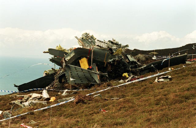 Wreckage of a crashed Chinook on a hillside