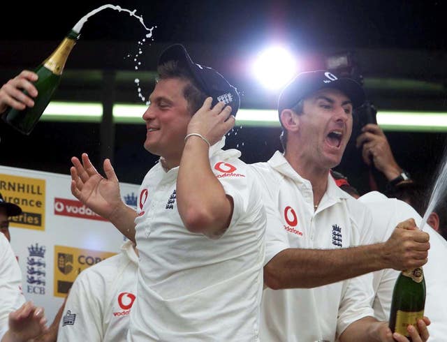 Darren Gough, left, and Andy Caddick celebrate victory over the West Indies