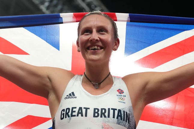 Great Britain’s Holly Bradshaw celebrates bronze in the Women’s Pole Vault Final at Olympic Stadium on the thirteenth day of the Tokyo 2020 Olympic Games in Japan