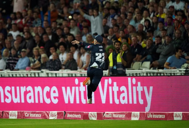 Jordan Cox first produced heroics with the bat and in the field to help Kent Spitfires win the Vitality Blast, palming the ball back into play from the boundary for team-mate Matt Milnes to catch and dismiss Somerset's Lewis Gregory 