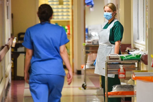 Medical staff on the Covid-19 ward at the Neath Port Talbot Hospital (Jacob King/PA)