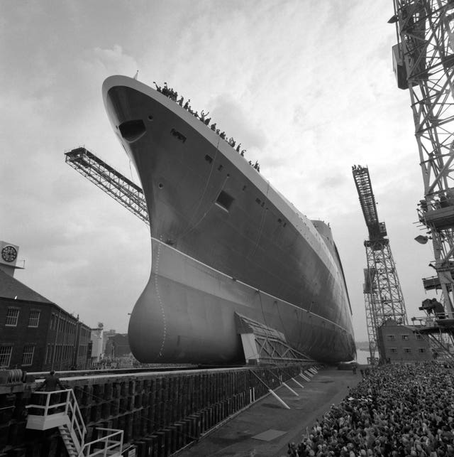 The launching of the newly-named Queen Elizabeth II by the Queen at John Brown’s Yard, Clydebank in 1967 (PA)