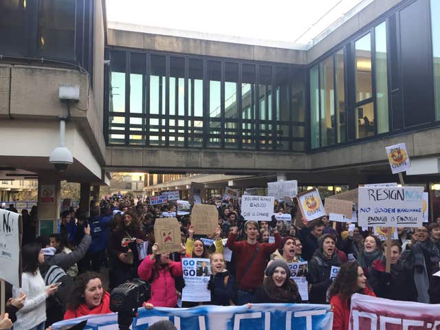 Students at the University of Bath protest at the retirement terms of vice chancellor Professor Dame Glynis Breakwell – the UK's highest paid vice-chancellor (Claire Hayhurst/PA).