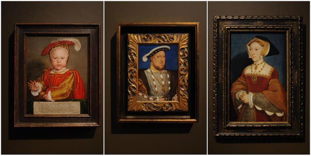 A composite of three paintings by Hans Holbein, of Henry VIII’s sole male heir Edward, Prince of Wales; Henry VIII; and Queen Jane Seymour (PA)
