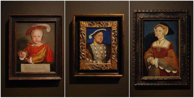 A composite of three paintings by Hans Holbein, of Henry VIII's sole male heir Edward, Prince of Wales; Henry VIII; and Queen Jane Seymour (PA)