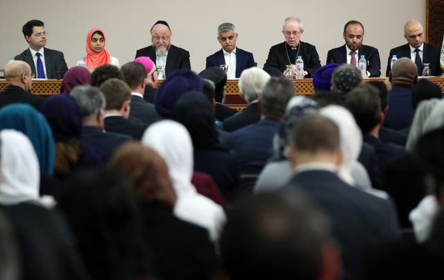 Left to right, James Brokenshire, Arzoo Ahmed, Chief Rabbi Ephraim Mirvis, Mayor of London Sadiq Khan, Archbishop of Canterbury Justin Welby, Dr Ahmad Al Dubayan and Home Secretary Sajid Javid attend an Acting in Solidarity event held at a mosque in north London
