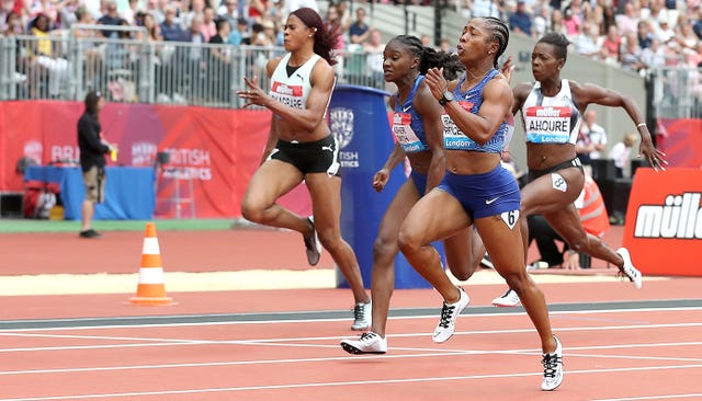 Jamaica's Shelly-Ann Fraser-Pryce (second right) won the Women's 100m final ahead of Great Britain's Dina Asher-Smith (centre) at the Anniversary Games in London