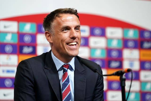 England head coach Phil Neville during the press conference at Wembley