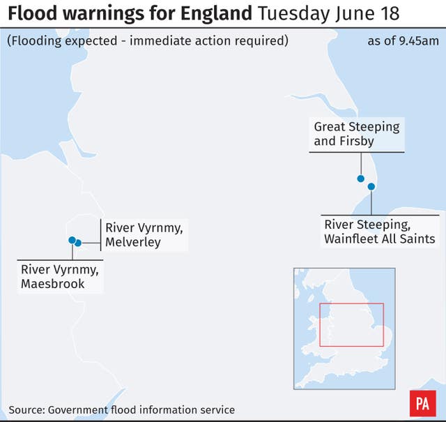 Flood warnings for England Tuesday June 18