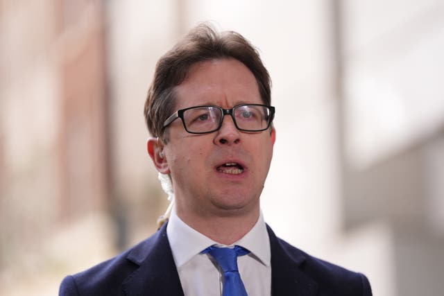 Shadow Cabinet Office minister Alex Burghart doing media interviews outside BBC Broadcasting House in London, after appearing on the BBC One current affairs programme Sunday With Laura Kuenssberg
