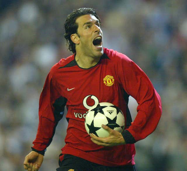 Ruud Van Nistelrooy celebrates scoring for Manchester United against Real Madrid