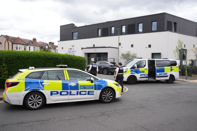 Police outside Finchley Reform Synagogue in north London after an attempted arson attack