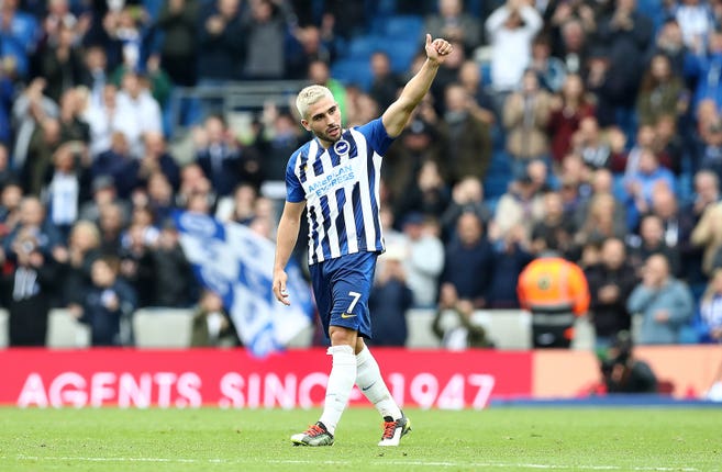Neal Maupay celebrates his goal, which came from a Hugo Lloris mistake