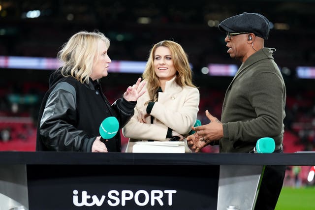 USA manager Emma Hayes (left) being interviewed by ITV Sport’s Karen Carney and Ian Wright (right)