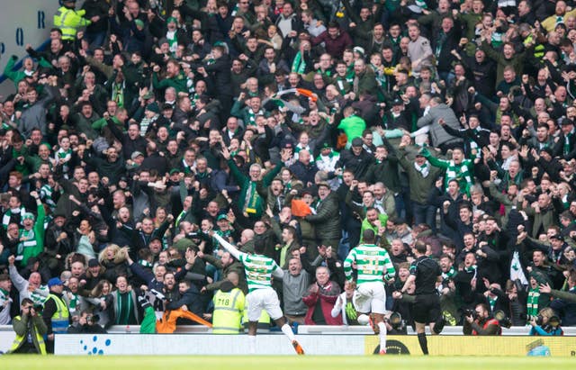 Odsonne Edouard celebrates in front of the Celtic fans at Ibrox