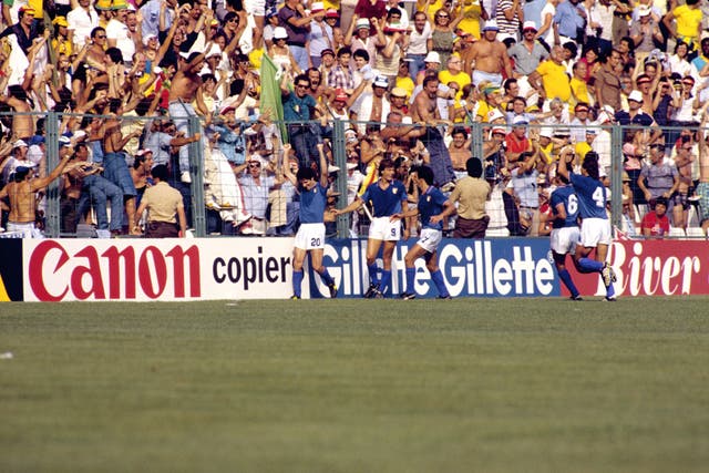 Paolo Rossi, far left, celebrates his winner for Italy against Brazil