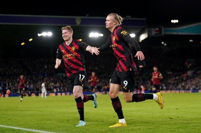 Erling Haaland celebrates scoring against Leeds