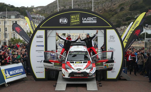 Ott Tanak, right, and Martin Jarveoja celebrated victory in the the Wales Rally GB. 
