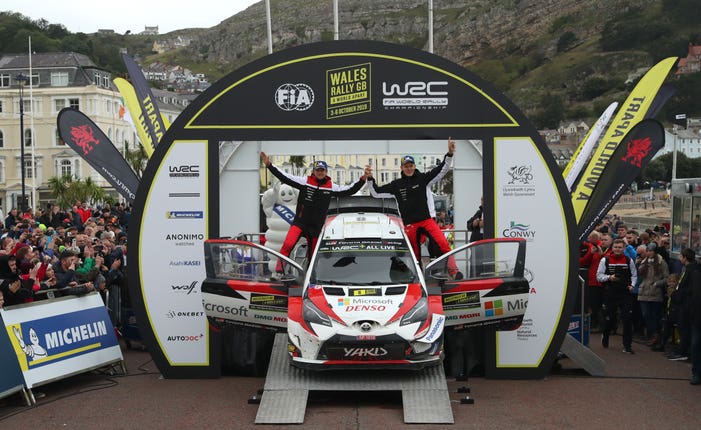 Ott Tanak, right, and Martin Jarveoja celebrated victory in the the Wales Rally GB.