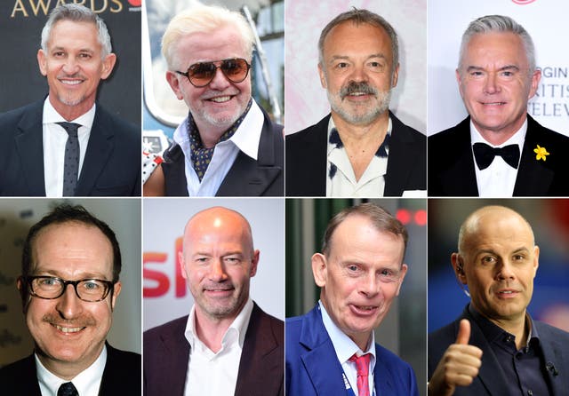 Gary Lineker, Chris Evans, Graham Norton and Huw Edwards (top row left to right) Steve Wright, Alan Shearer, Andrew Marr and Jason Mohammad (Bottom row left to right)