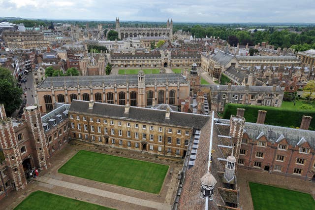 Cambridge University buildings, (front to back) the Grand Courtyard of St John’s College, Trinity College, Senate House and the Old Schools, Gonville & Caius College and King’s College Chapel