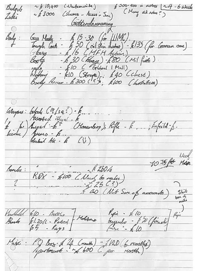 A shopping list found in the bedroom of Kyle Davies (South West Regional Organised Crime Unit/PA)