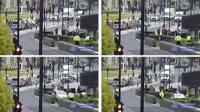 Footage taken from CCTV of the moment Salih Khater, 30, drove his silver Ford Fiesta at cyclists before crashing into barriers as two uniformed police officers