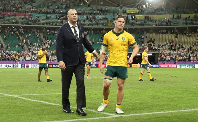 Dejected Michael Cheika and Michael Hooper at the final whistle of the quarter-final defeat to England