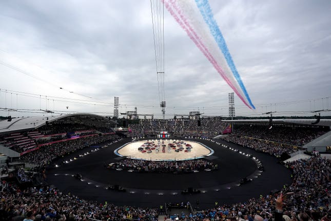 The Red Arrows flypast goes over the stadium during the opening ceremony of the Birmingham 2022 Commonwealth Games at the Alexander Stadium