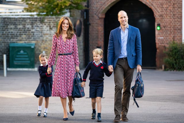 Charlotte arriving for her first day of school at Thomas’s Battersea with George and her parents the Duke and Duchess of Cambridge. Aaron Chown/PA Wire