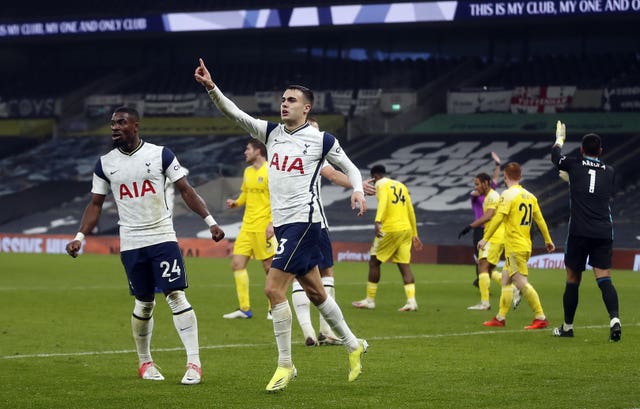 Sergio Reguilon celebrates a goal that was disallowed for offside