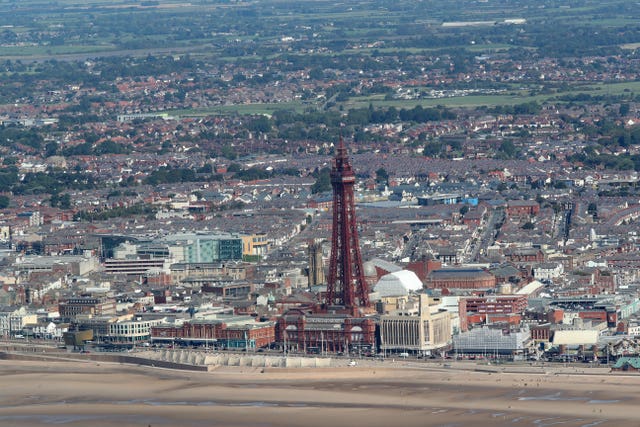 An aerial view of Blackpool Tower and beach.