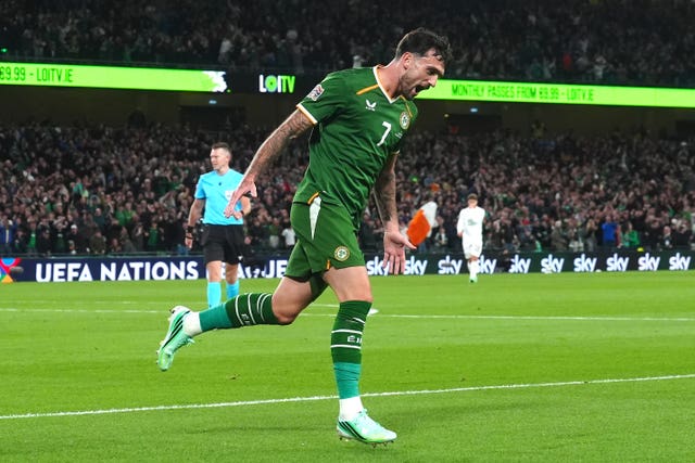 Troy Parrott celebrates his first goal