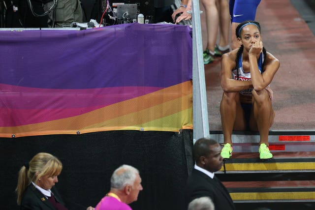 Katarina Johnson-Thompson shows her dejection while waiting for media interviews at the 2017 World Championships