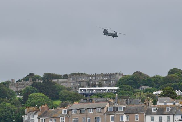 A Chinook helicopter passing over Carbis Bay during the G7 summit in Cornwall