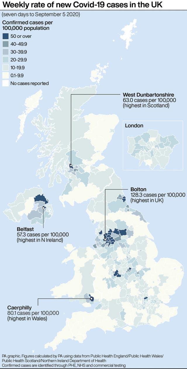 PA infographic titled Weekly Rate Of New Covid-19 Cases In The UK