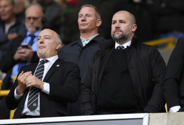Newcastle CEO Darren Eales, left, and sporting director Paul Mitchell in the executive box at Wolves