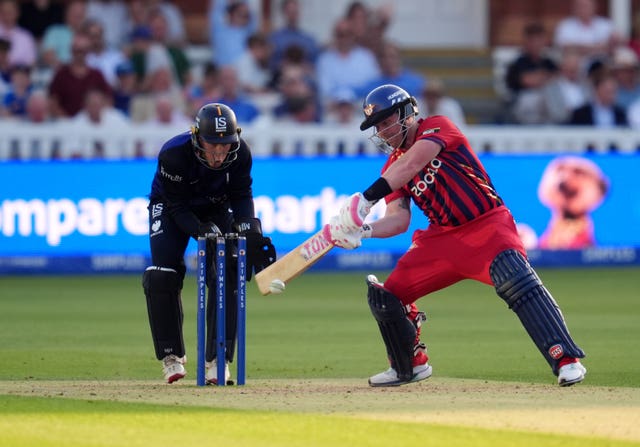 Manchester Super Giants’ Tim Seifert (right) hits a four while batting during The Hundred men’s match at Lord’s