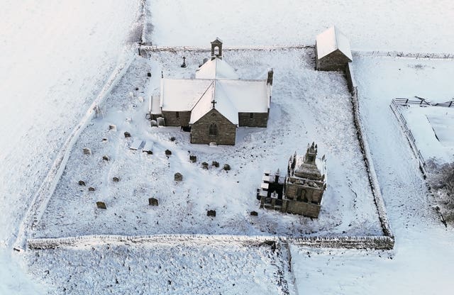 Snow covers St Andrew’s Church on Kiln Pit Hill in Northumberland