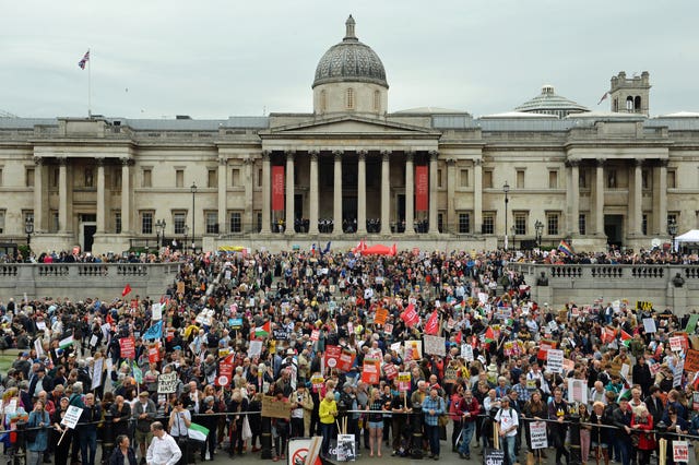 Protesters gather in Trafalgar Square, London on the second day of the state visit to the UK by US President Donald Trump