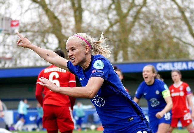 Pernille Harder celebrates scoring in Chelsea's Champions League semi-final win over Bayern Munich 